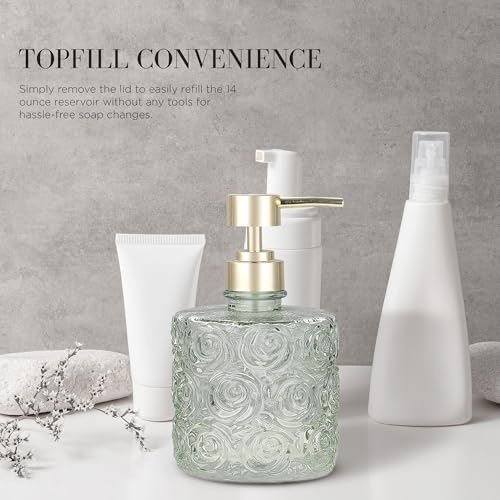 Marcella Glass Soap Dispenser with Soap Pump, Refillable 14 Ounce Capacity, Floral Design Rose Patterns, Heavy Weight Thick Glass for Bathroom, Premium Kitchen Soap Dispenser Reseda Sage - color: Reseda Sage