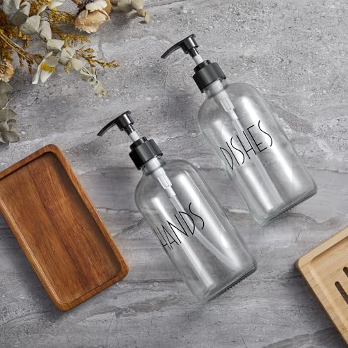 ALELION Glass Soap Dispenser with Pump - 16 OZ Clear Dish and Hand Soap Dispenser Set with Acacia Wood Tray for Kitchen Bathroom - Modern Liquid Pump Bottles - color: Clear