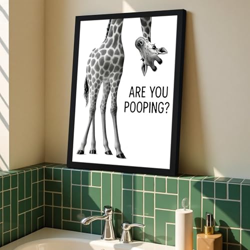 Urmoya Funny Giraffe Bathroom Decor Canvas Wall Art 12x16 in | Wood framed, Black and white wall decor, Rustic farmhouse, Are you pooping quote, Cute animal art prints, Ready to hang - color: Giraffe, size: 16"L x 12"W