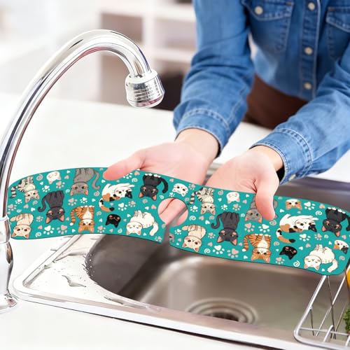 2 Pcs Kitchen Sink Splash Guard Faucet Mat Various Cats Pattern Faucet Mat for Sinks Paw Prints Absorbing Drying Mats for Kitchen Bathroom, 23.6x5.5inch - color: Various Cats