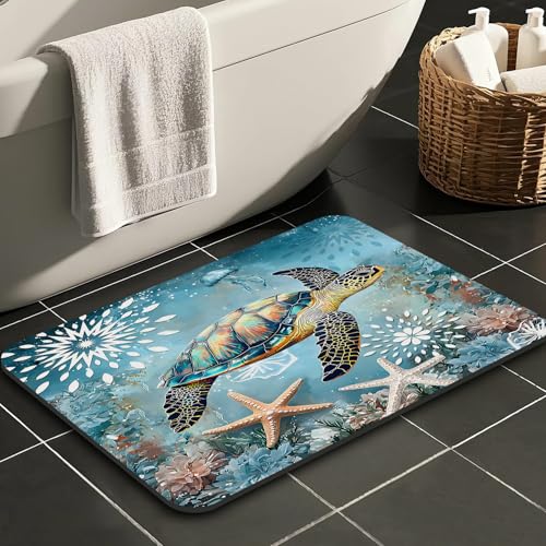 Quick Dry Bath Mat for Bathroom,Super Absorbent Beach Welcome Bath Rug Non-Slip Rubber Backing,Machine Washable Bathroom Floor Mat for Shower, Tub, Sink Area Sea Turtle Nautical Starfish 16x24 - color: Blue6, size: 1'4" x 2' (Rectangular)