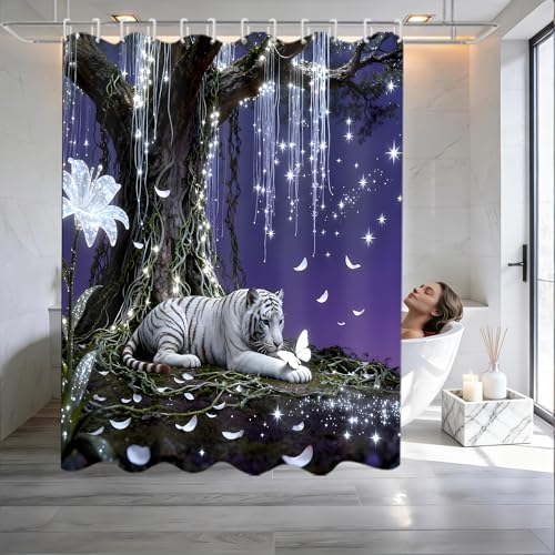 4 Piece Purple and White Shower Curtain Set with Rugs, Dreamy White Tiger & Butterfly Under Glowing Tree, Fantasy Aesthetic Waterproof Fabric Bathroom Decor, Non-Slip Mats & Toilet Lid Cover - color: Purple