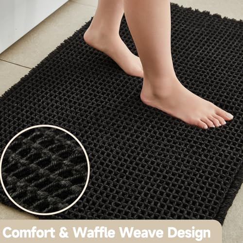 TYUU Black Bathroom Rug, Waffle Bath Mat Non Slip Washable Super Absorbent Quick Dry Boho Farmhouse Bathroom Decor, 36"x24"/ 3'x2' Black - color: Black, size: 2' X 3' (Rectangular)