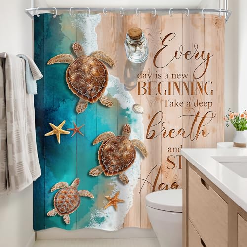 Newsely Ocean Beach Turtle Shower Curtain 60Wx72L Inch Blue and Brown Sand Beachy Sea Wave Seaside Wooden Inspirational Quotes Bathroom Set Hawaiian Waterproof Bath Decoration Accessories Home Decor - color: D-01turtle, size: 60"W x 72"L (Pack of 1)