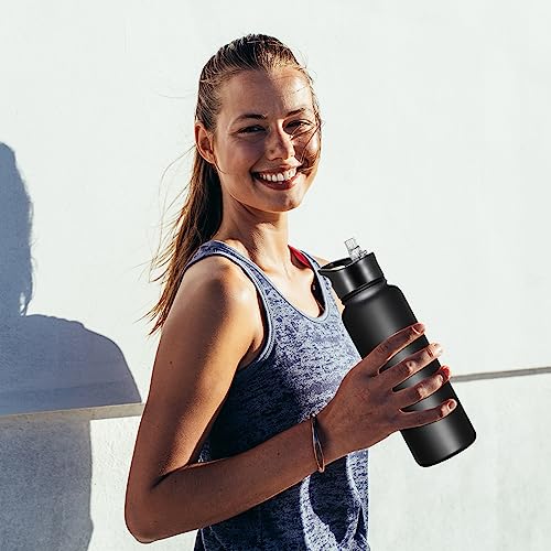 40 oz Insulated Water Bottle with Straw, Stainless Steel Sports Water Bottles with 2 Lids (Straw and Wide Mouth lid), Double Wall Vacuum, Leakproof, BPA-Free, Black - color: Black, size: 40 Ounces
