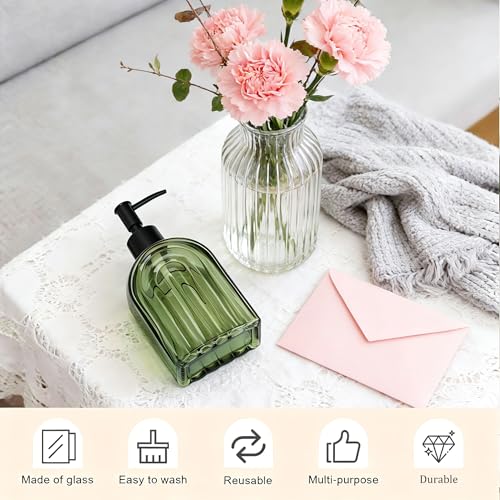 Elegant Green Glass Soap Dispenser with Black Pump | 400ML Modern Bathroom & Kitchen Dispenser for Hand Soaps, Lotions, Essential Oils - color: Green