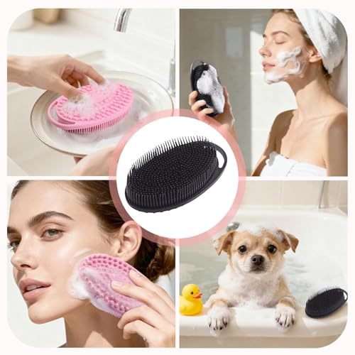 2 Pack Silicone Body Scrubber, Exfoliating Shower Scrubber for All Skin | 2 in 1 dual-sided design, soft bristles and massage bumps side, fast-drying, non-slip handle, for women and men, Black+Pink - color: Black&pink