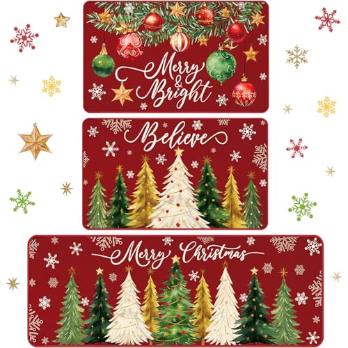 Drydiet 3 Pcs Christmas Kitchen Rug and Mat Set Washable Red Xmas Tree Kitchen Floor Mats Waterproof Non Slip Farmhouse Merry Christmas Doormat Holiday Xmas Decor for Home Office Bathroom Party Decor - color: Red, style: Christmas Tree
