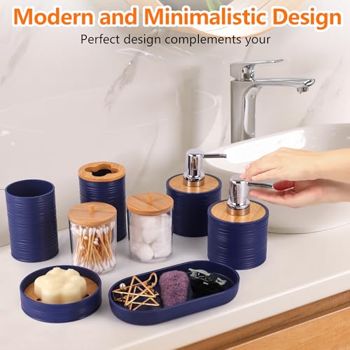 Bathroom Accessory Set,10 PCS Navy Blue Bathroom Set with Trash Can,Toothbrush Holder,Soap Dispenser,Toothbrush Cup,Vanity Tray,Soap Dish,Toilet Brush,Qtip Holders - color: Navy Blue