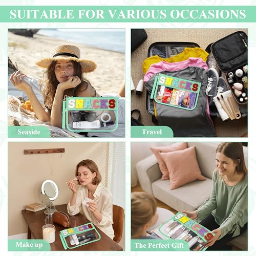 Snack Bag for Travel & Makeup - Clear Chenille Letter Zipper Pouch, Waterproof Cosmetic Tote Bag for Women & Girls (Green) - color: Green