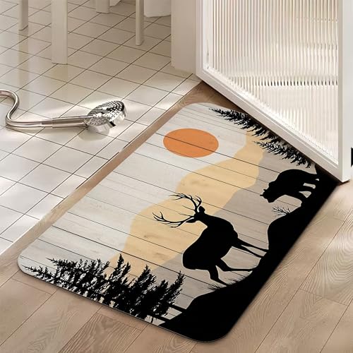Bathroom Floor Mat,Rustic Deer Bear Bathroom Rugs,Quick Dry Farmhouse Forest Diatomaceous Bath Mat,Non Slip Super Absorbent Soft Floor Mat for Home Kitchen Dorm Patio 17 X 29.5 Inch - color: Rustic Deer Bear