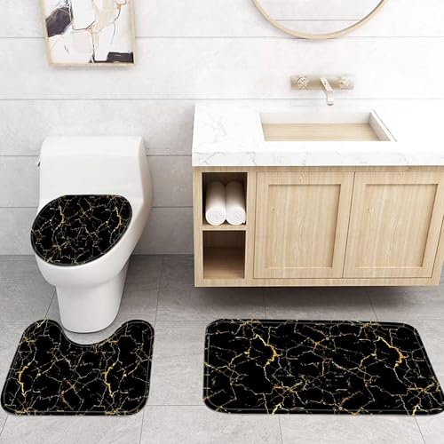 AZHM 4Pcs Shower Curtain Sets Black and Gold Marble Bathroom Sets with Shower Curtain and Rugs and Accessories Luxury Bathroom Curtain Decor Sets with 12 Hooks