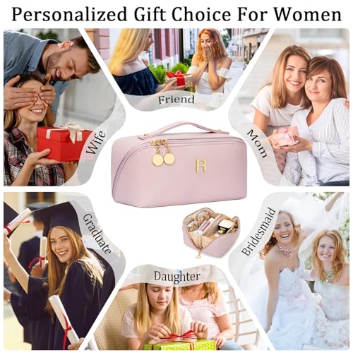Initial Makeup Bag Gifts for Women Bridesmaid Gifts Travel Toiletry Personalized PU Leather Waterproof Cosmetic Bag (Medium-Pink-R) - color: MediumPink, style: R