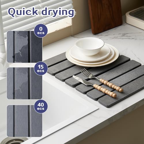 15.76 Inch Foldable Stone Bath Mat, Super Absorbent Diatomaceous Earth Mat, Dark Grey Easy Clean Rollable Drying Mat, Non-Slip Quick Dry Stone Bath Mats for Bathroom Kitchen Outdoor - color: Dark Grey, size: 12" x 1'4" (Rectangular)