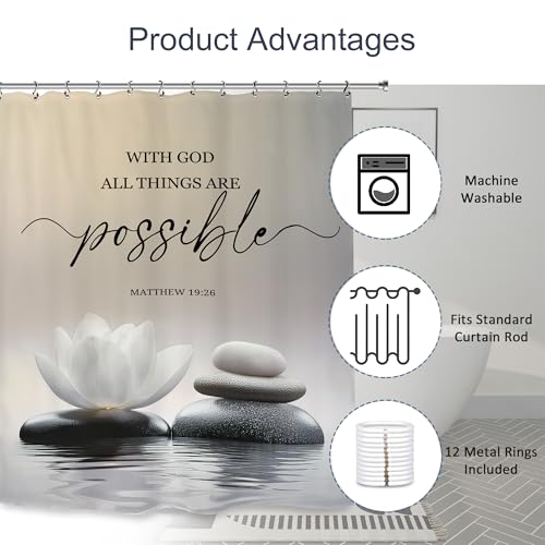 Zen Lotus Spa Shower Curtain 60Wx72L Inch Ink Quotes Meditation Inspirational Motivational Bible Bathroom Set Accessories Decor with 12 Pack Hooks - color: White Lotus, size: 60"W x 72"L (Pack of 1)