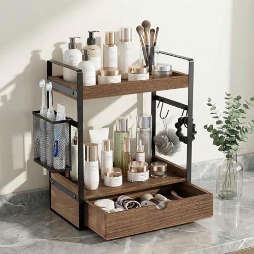 2-Tier Bathroom Counter Organizer with Drawer Basket and Hooks, Wood Bathroom Organizers and Storage for countertop, Farmhouse Dark Brown Countertop Organizer, Counter Shelf for Vanity Kitchen Office - color: Dark Brown With Basket