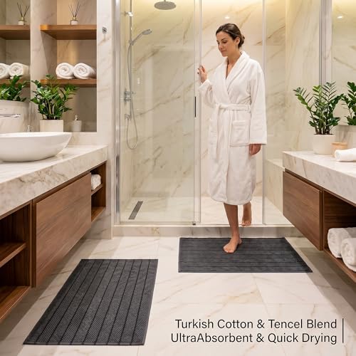 Herringbone Bath Mat Set of 2, Turkish Cotton Tencel Blend, Absorbent Quick Dry, 20x32 Inch, Oeko-TEX Certified, Made in Turkey - color: Anthracite Gray