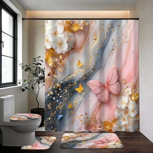 DDQQ 4Pcs Pink Butterfly Floral Shower Curtain Set White Golden Flower Bathroom Sets Marble Background Shower Curtain with 12 Hooks Bathroom Decor with Rugs Bath Accessories with Mats Toilet Lid Cover - color: Pink Yellow