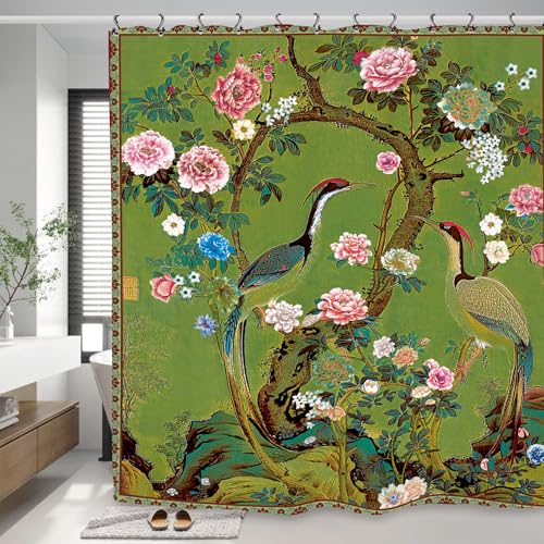 Vintage Flower Shower Curtain 60Wx72L Inch Crane Peony Vintage Retro Chinese Plant Botanical Green Blossom Japanese Art Bathroom Set Accessories Decor with 12 Pack Hooks - color: Green Art, size: 60"W x 72"L (Pack of 1)