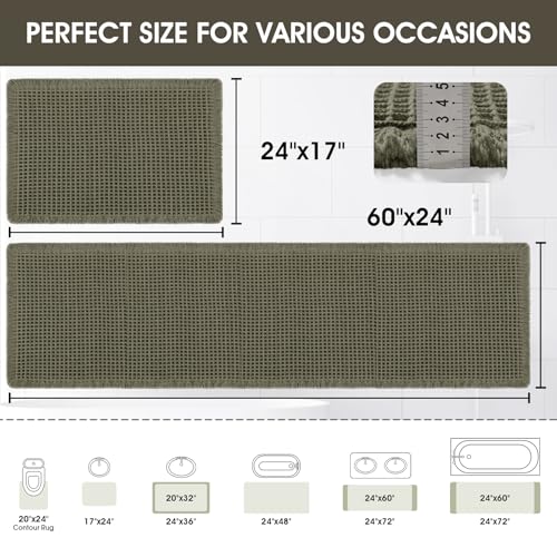 Upgraded Waffle Bath Mat Set 2 Piece Greyish Green, Super Absorbent Non-Slip Quick Dry Bathroom Rugs with Tassels, Machine Washable Ultra Soft Boho Bath Rugs for Floor, Bath Mats Boho Farmhouse Decor - color: Greyish Green, size: 24"x17"+5'x2'