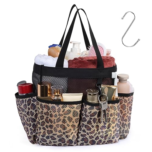 Mesh Shower Caddy Portable - 8 Pockets, S-Hook, Shower Bag for Dorm Camping | 2-Handle, Quick-Dry, Hanging Toiletry Organizer, College Dorm Room Essentials for Girls, Gym, Travel & Bathroom, Leopard - color: L, Leopard, size: L (Classic Dorm Caddy)