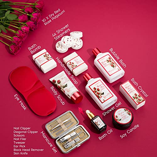 Mothers Day Spa Gifts for Women, Bath and Body Gift Set, Red Rose Gift Basket, 35Piece Stress Relief Spa Kit, Thank You, Birthday, Mom Gifts with Nail Care Kit, Body Scrub, Bubble Bath, Bath Bomb More