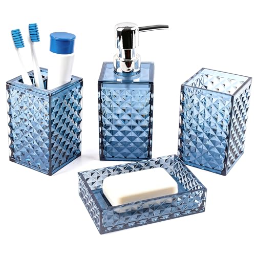Bathroom Accessory Set, 4 PCS Blue Bathroom Accessories Set, Soap Dispenser and Toothbrush Holder Set, Soap Dish and Mouthwash Cup, Bathroom Decor, Bathroom Sets Accessories
