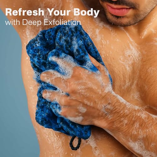 Yiclick Dual-Textured Exfoliating Washcloth Towel - Back Scrubber for Use in Shower Bath, Exfoliating Body Scrubber Exfoliator, Japanese Exfoliate Loofah Lufa Sponge Wash Cloth for Women Men - color: Blue