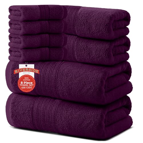 RIVERSIDE Pack of 8 Towels Set, 2 Large Bath, 2 Hand, 4 Face Washcloths, 100% Cotton Hotel Quality, Super Soft, Quick Dry, Highly Absorbent Perfect for Bathroom, Purple Passion - color: Purple Passion, size: Towel Set (PK 8)
