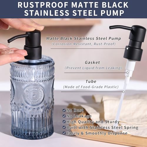 17 OZ Sunflower Embossed Glass Soap Dispenser - 2 Pack, with 304 Rust Proof Stainless Steel Pump, Glass Soap and Lotion Dispenser Set, Liquid Hand Soap Dispenser for Home, Kitchen & Bathroom (Blue) - color: Bule