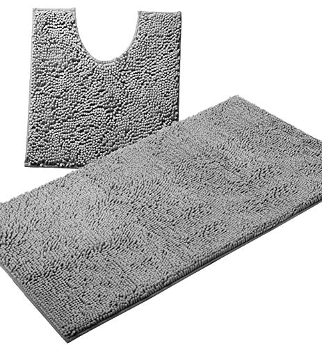 Bathroom Rugs Sets 2 Piece, Luxury Chenille Bath Mat Set, Soft Plush Anti-Slip Bath Rug + U-Shaped Toilet Mat. Microfiber Shaggy Carpet, Super Absorbent (24” x 36” & 20” x 24” U, Light Grey) - color: Light Grey, size: 2 Piece Set - Large