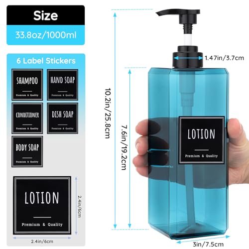 Segbeauty 33.8oz Plastic Pump Bottle Set for Bathroom Shampoo and Conditioner, 3pcs Large Hand Soap Dispenser with Pump, Blue Empty Body Lotion Liquid Container with Labels, 1000ml Refillable Bottles - color: Blue, style: 3pcs