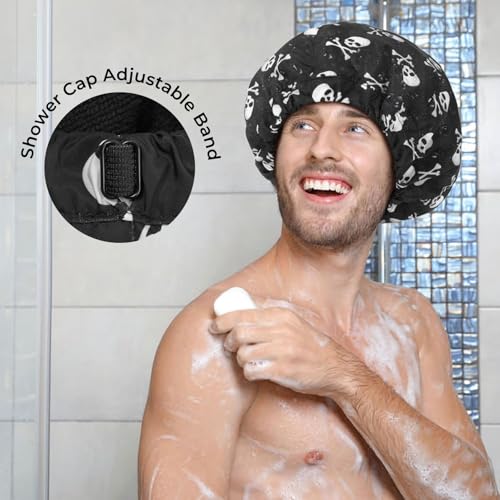 Shower Cap for Men Skulls Bath Cap, Reversible Large Waterproof Adjustable Shower Caps Terry Lining & Elastic Band Stretch Hem Hair Hat - color: Skulls