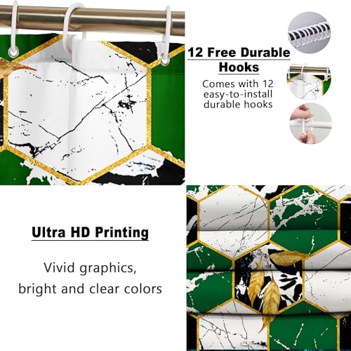 Poedist Shower Curtain Set with Rugs,Bathroom Accessory Set, Including Non-Slip Rugs,Toilet Lid Cover and Bath Mat, Waterproof Shower Curtain with 12 Hooks,Green and White Honeycomb Marble - color: Green White