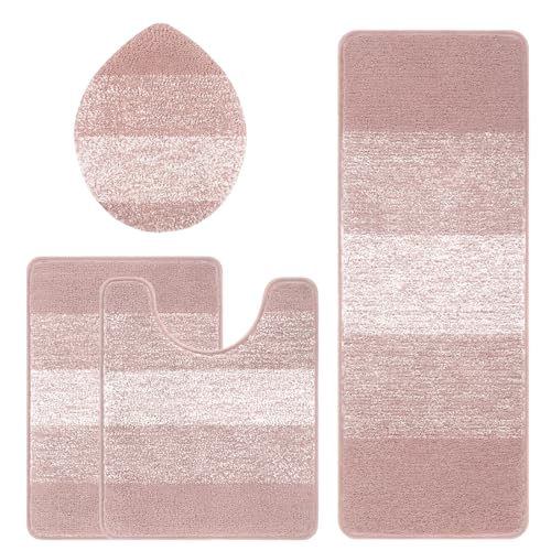 Bsmathom Bathroom Rug Set Bath Rugs Microfiber Non Slip Bathroom Set 4 Piece with Toilet Cover, Washable Absorbent Bath Mat, Pink - color: Pink, size: 18"x26"+18"x48"+U20"x24"+Cover19"x21"
