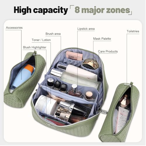 BOYATU Travel Makeup Bag Cosmetic Bags for Women: Large Capacity 3 Pcs Set Make up Bag with Compartments - Waterproof Vegan Leather Toiletry Organizer Bags with Handle (L51Grass Green) - color: L51Grass Green