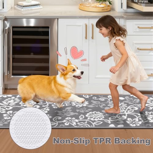LOKHOM Boho Kitchen Rugs Sets of 3, Non Slip High-Low Textured Kitchen Mats for Floor with Rubber Backing, Paisley Floral Washable Carpet Runner for Hallways Entryway Laundry Sink (Grey & White) - color: Grey, size: 24"x35"+24"x48"+24"x60"