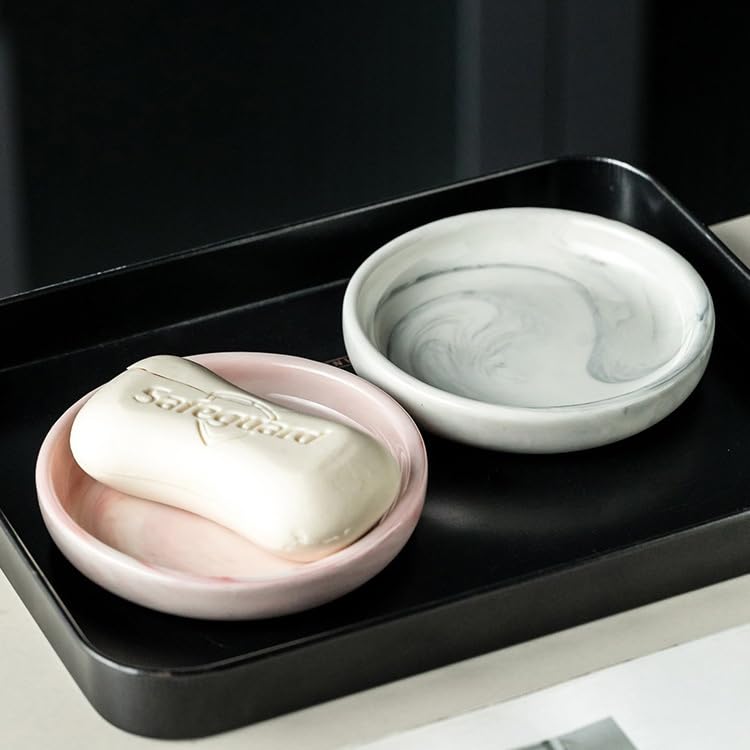 Round Marble Soap Tray, Small Ceramic Soap Dish, Cute Women Trinket Plate (Grey) - color: Grey