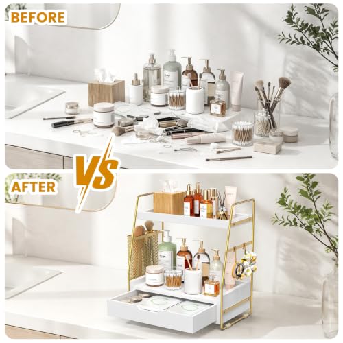 2-Tier Bathroom Counter Organizer with Drawer and Basket, Wood Vanity Countertop Storage for Perfume, Makeup, Skincare, Bathroom Counter Shelf, 13" x 7.9" x 14.5", White Gold - color: White Gold