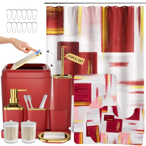XLHOMO Bathroom Accessories Set - 25PC Bathroom Set with Shower Curtain and Rugs, Burgundy Bathroom Set, Bathroom Accessory Set with Press-on Lid Trash Can, Soap Dispenser and Qtip Holders - color: Burgundy & Gold, size: Plaid Complete Set + Bath Rugs