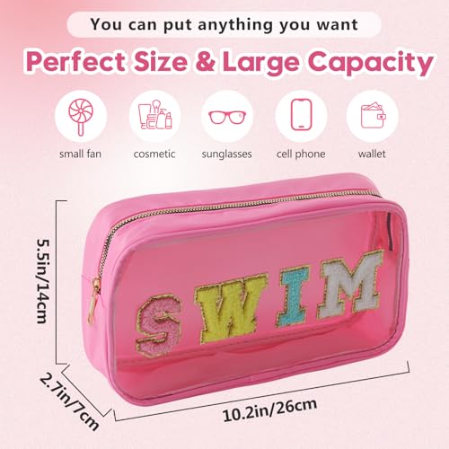 Sunscreen SPF Makeup Bag with SWIM Chenille Letters, Waterproof Clear Pink Cosmetic Bags for Women, Sunblock Organizer for Pool, Swim Team, Beach Travel Toiletry Sun Pouch - style: Pink-swim