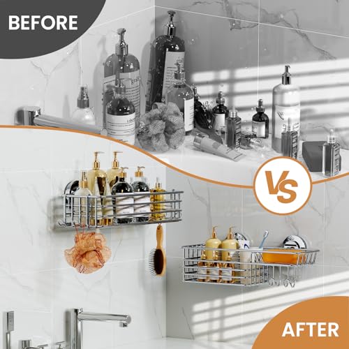 LEVERLOC Shower Caddy Suction Cup, 2 Pack Heavy Duty Bathroom Organizer for Inside Shower with Hooks & Soap holder, Removable and Rustproof Silver bathroom Holder Storage - color: 2 X Silver Basket