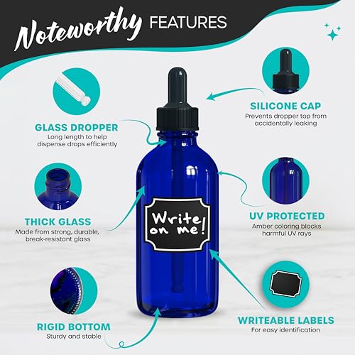 Nevlers 4 Oz Cobalt Blue Glass Dropper Bottle 24 Pack Set | Tincture Bottles with Droppers for Liquids | Glass Eye Dropper Bottle w/ Shrink Wrap, Funnel, Brush, Marker & Labels - color: Blue