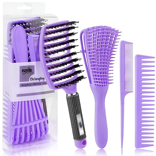 4pcs Curly Detangling Brush Set for Adult & Kids Wet or Dry, 3/4ABC Hair with Wide Tooth Comb (4, Purple) - color: Purple, size: 4pcs