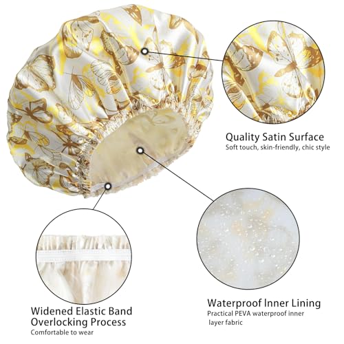 Shower Cap for Women,4 PCS Elastic and Reusable Bath Caps, Double Layers Shower Caps Reusable Waterproof, Bathing Shower Caps, Environmental Bath Hair Protection Cap - Butterfly D - color: Butterfly D