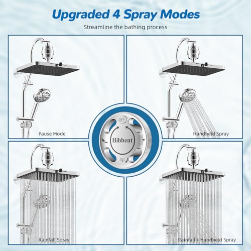 Hibbent 5-spray Dual Filtered Rainfall Shower Head Combo, High Pressure 13'' Showerhead with 10 Spray Mode Handheld, Easy Reach 4-way Diverter Shower Arm with Pause Mode, 71'' Hose and Holder, Chrome - color: Chrome, style: Square 13" with filter