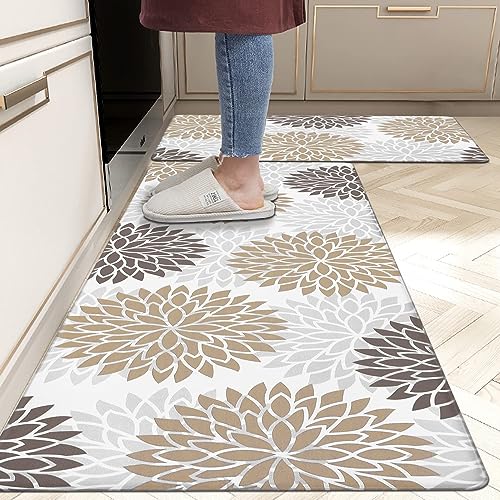 HEBE Anti Fatigue Kitchen Rugs Sets of 2, Non Slip Kitchen Mats for Floor, Waterproof Cushioned Comfort Standing Carpet for Kitchen Sink, Home Office, Laundry Room - color: Brown, size: 17.3"x48"+17.3"x28"-0.4"Th