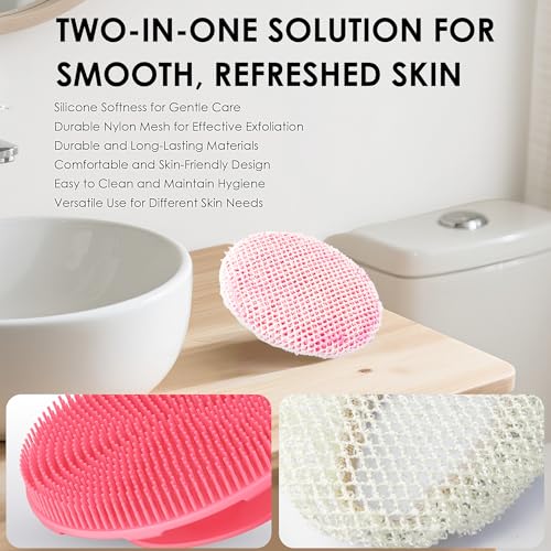 INNERNEED Food-Grade Soft Silicone Body Scrubber Shower Brush Handheld Cleansing Skin Brush, with Exfoliating Net Sponge Case (Pink Brush) - color: (Set5) Pinkcase