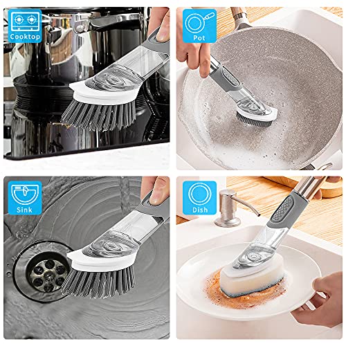 4-in-1 Dish Cleaning Brush Soap Dispensing Dish Brush Set with 4 Replacement Heads and Storage Holder, Kitchen Scrub Brush for Dish Pot Pan Sink Cleaning (Grey) - color: Gray