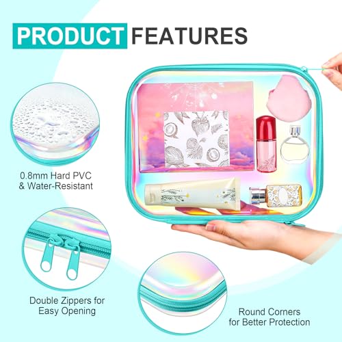 Hoolerry 4 Pcs Hard Clear Zipper Case Makeup Bags Plastic Zipper Pouch Transparent Storage Box Containers for Cosmetics, Snacks, Building Blocks, Puzzles(Clear,9.8 x 7.9 x 2 in,Blue Laser) - color: Blue Laser, size: 9.8 x 7.9 x 2 in